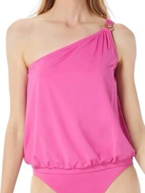 MICHAEL KORS one shoulder hold logo loose fit blousy banded tankini swim top